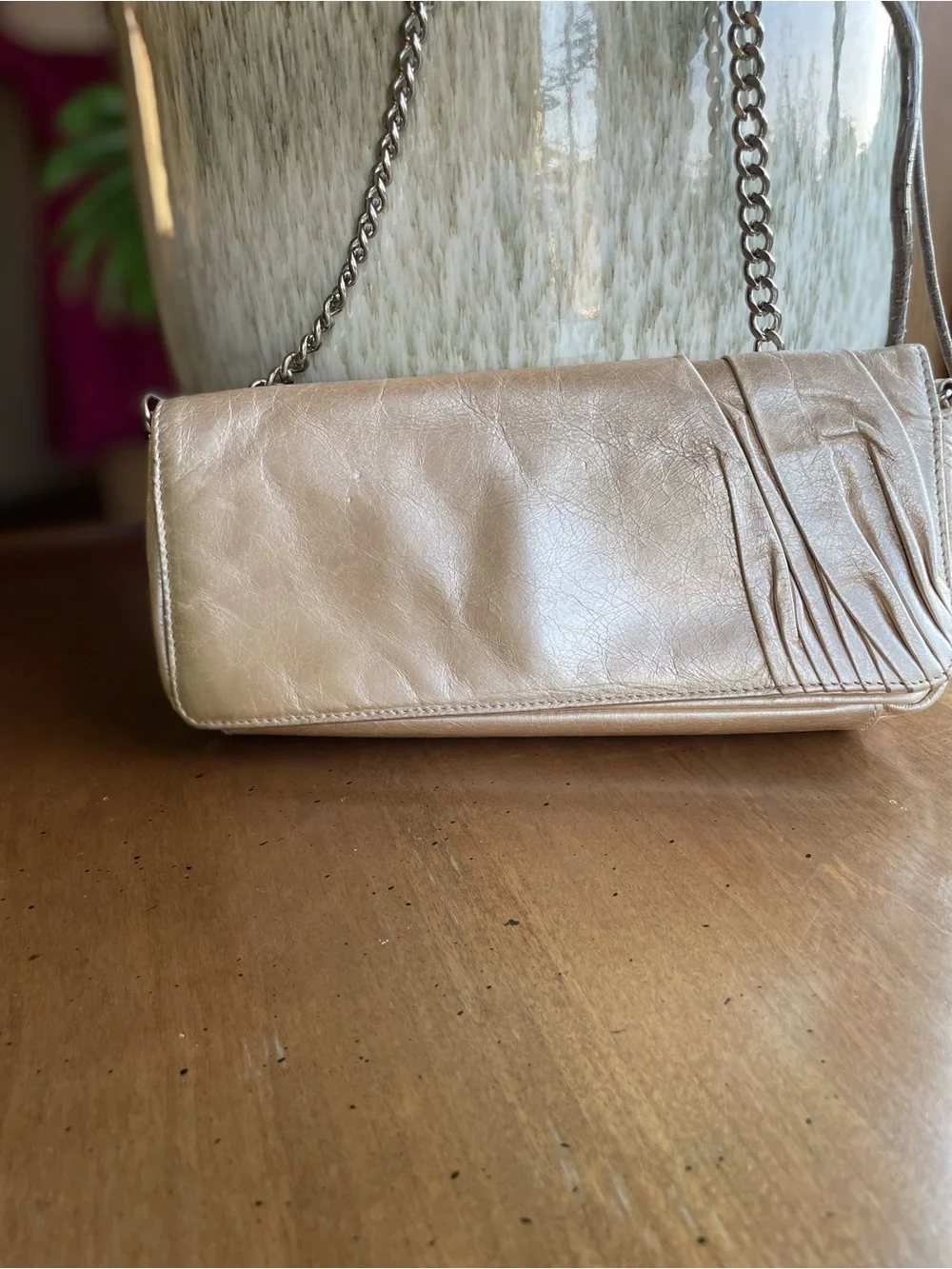 HOBO Cream Champagne Metallic Leather East-West Shoulder Bag with Chain Strap